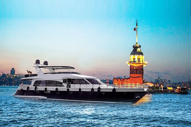 A yacht passing the Maiden's Tower on the Bosphorus at dusk