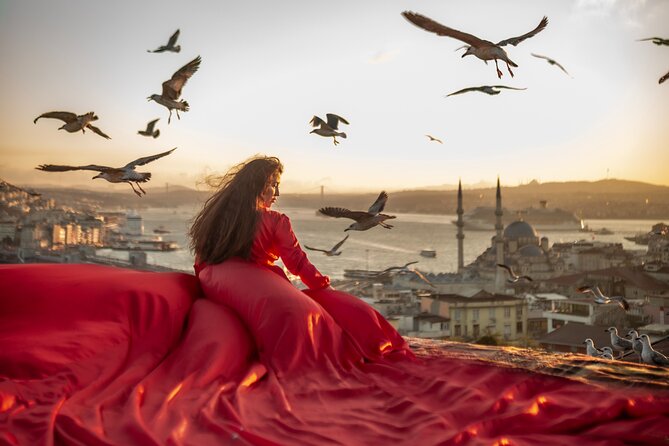 Flying Dress Photography on an Iconic Rooftop in Istanbul - Suleymaniye Mosque from above
