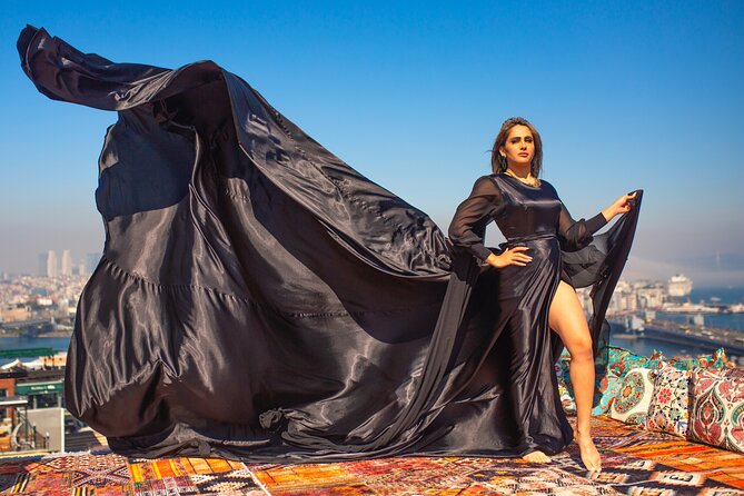 Istanbul Rooftop Photoshoot with Flying Dress - A rooftop portrait with Istanbul below
