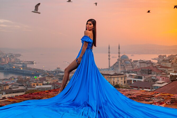 Rooftop Flying Dress Photo Shoot in Istanbul - Seagulls and the moving-dress photographs